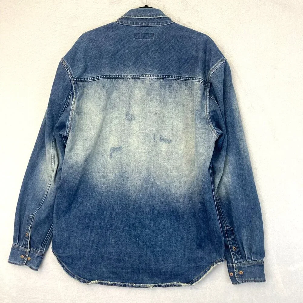 AKOO Denim Button-up Long‎ Sleeve Shirt Jacket Mens XL Distressed Jaguar Leopard